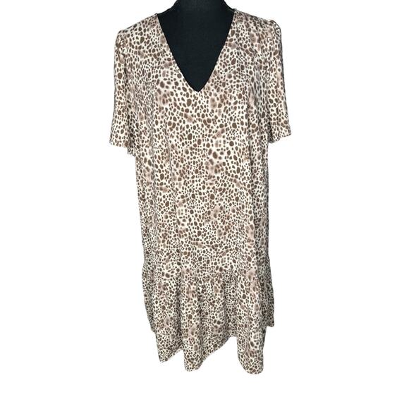 A New Day Leopard Drop Waist Ruffle Dress Size L Cream Brown Short Sleeve Mini - Picture 5 of 8